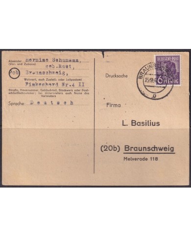 F-EX56614 GERMANY OCCUPATION ZONE ASS POST 1948 6pf CARD CANCEL BRAUNSCHWEIG.