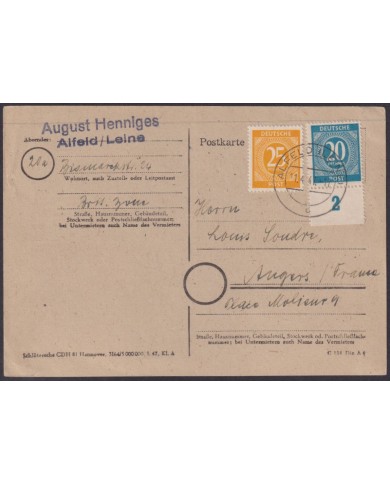 F-EX56589 GERMANY OCCUPATION BIZONE 1948 20+25pf ALFELD LEINE SPECIAL CARD.