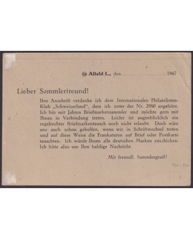 F-EX56589 GERMANY OCCUPATION BIZONE 1948 20+25pf ALFELD LEINE SPECIAL CARD.