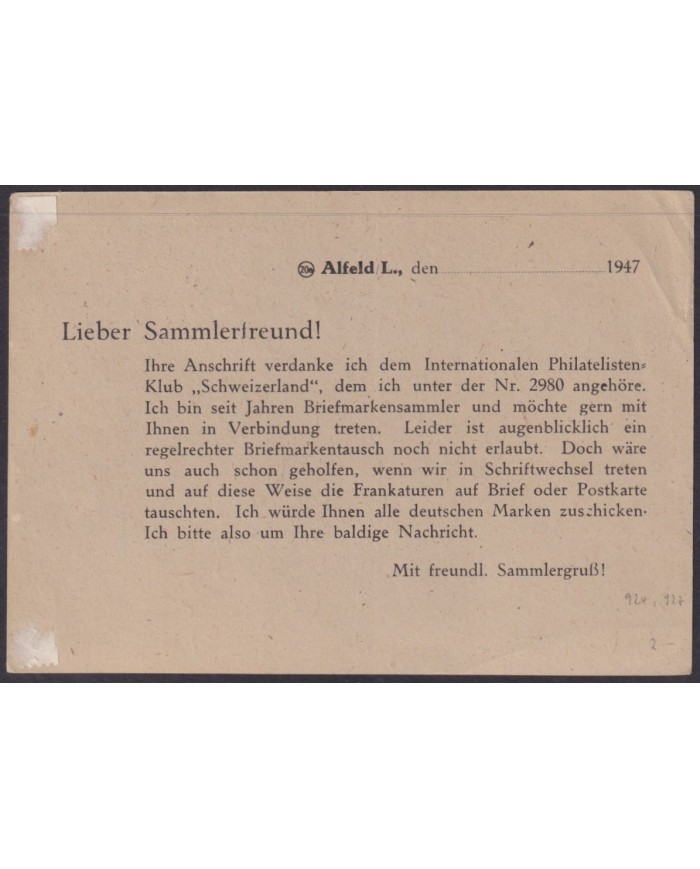 F-EX56589 GERMANY OCCUPATION BIZONE 1948 20+25pf ALFELD LEINE SPECIAL CARD.