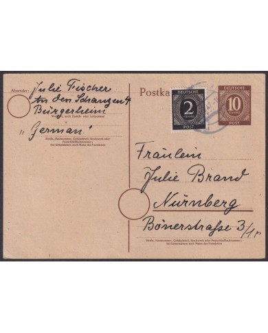 F-EX56603 GERMANY OCCUPATION BIZONE 1946 10pf + 2pf BURGERHEIN POSTAL STATIONERY.