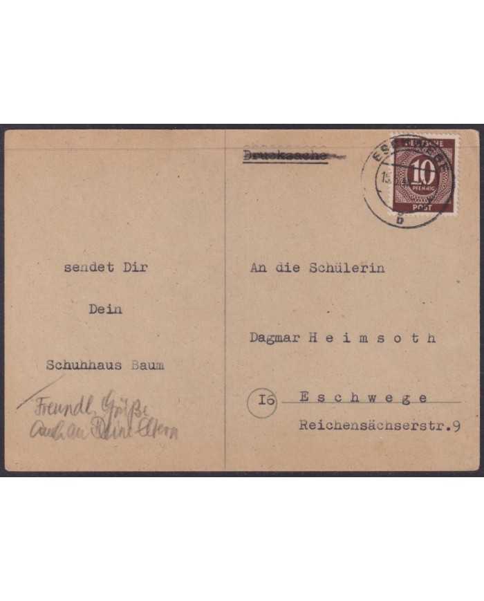 F-EX56604 GERMANY OCCUPATION BIZONE 1946 10pf ESCHWEGE ENGRAVING CARD.