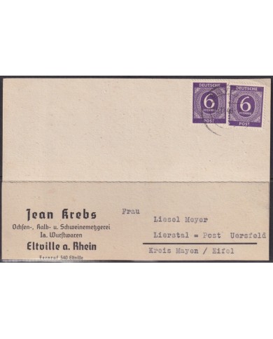 F-EX56607 GERMANY OCCUPATION BIZONE 1946 6pf ELTVILLE RHEIN CARD.