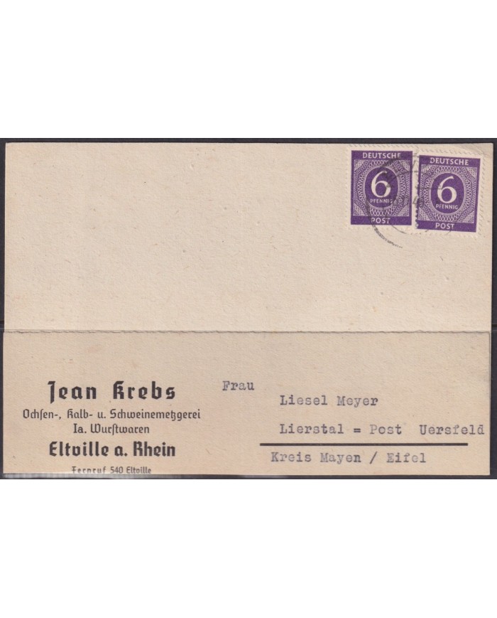 F-EX56607 GERMANY OCCUPATION BIZONE 1946 6pf ELTVILLE RHEIN CARD.