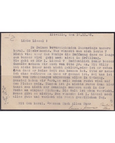 F-EX56607 GERMANY OCCUPATION BIZONE 1946 6pf ELTVILLE RHEIN CARD.