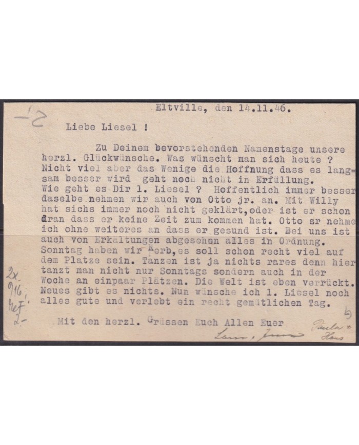 F-EX56607 GERMANY OCCUPATION BIZONE 1946 6pf ELTVILLE RHEIN CARD.