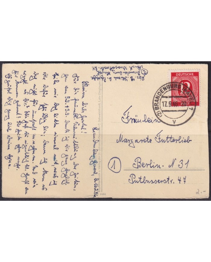 F-EX56608 GERMANY OCCUPATION BIZONE 1946 12pf BRANDENBURG HAVEL POSTCARD.
