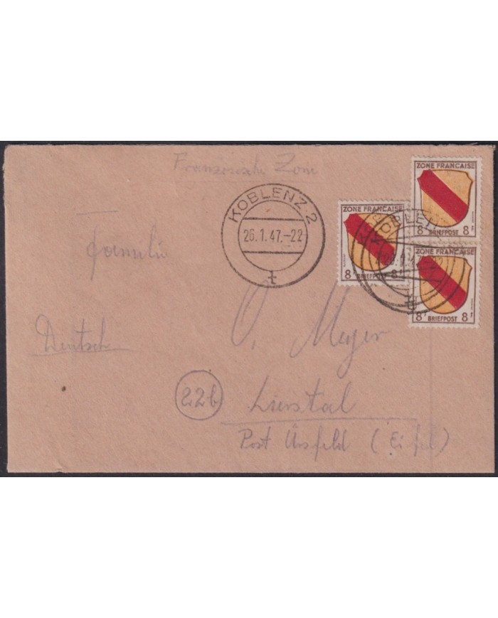 F-EX56577 GERMANY BADEN FRANCE OCCUPATION 1947 8fr COAT OA ARMS COVER KOBLENZ.