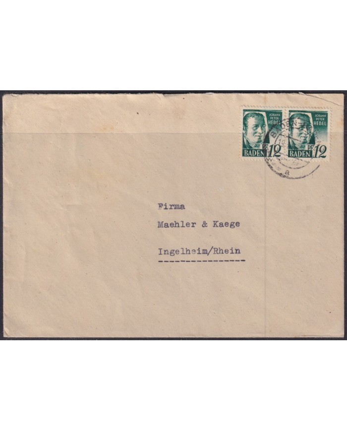 F-EX56575 GERMANY BADEN FRANCE OCCUPATION 1947 12pf HEBEL BADEN BADEN COVER.
