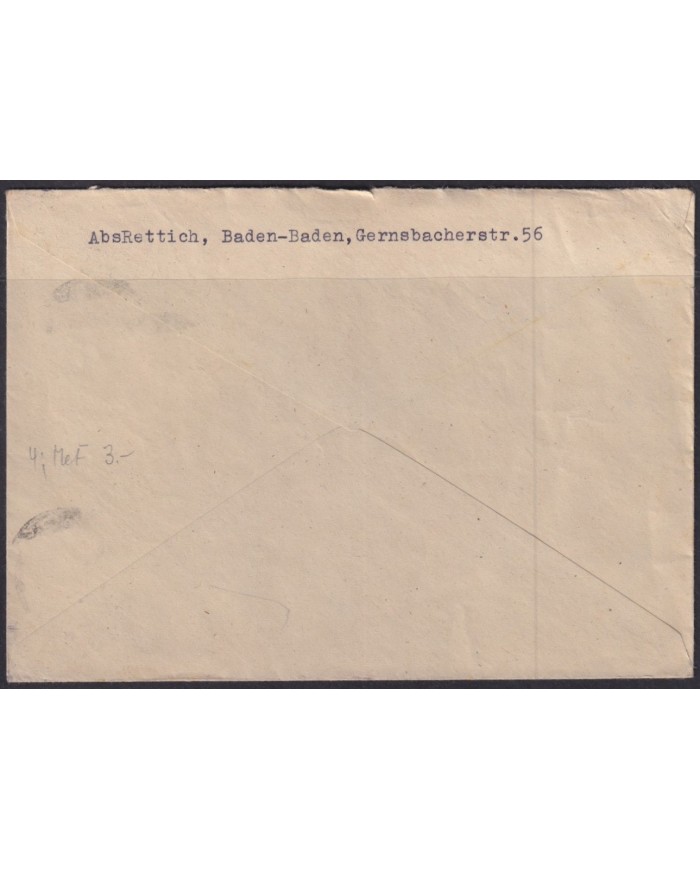 F-EX56575 GERMANY BADEN FRANCE OCCUPATION 1947 12pf HEBEL BADEN BADEN COVER.