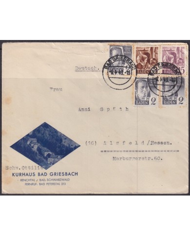 F-EX56579 GERMANY BADEN FRANCE OCCUPATION 1947 20pf SKI CANCEL HINTERZARTEN.