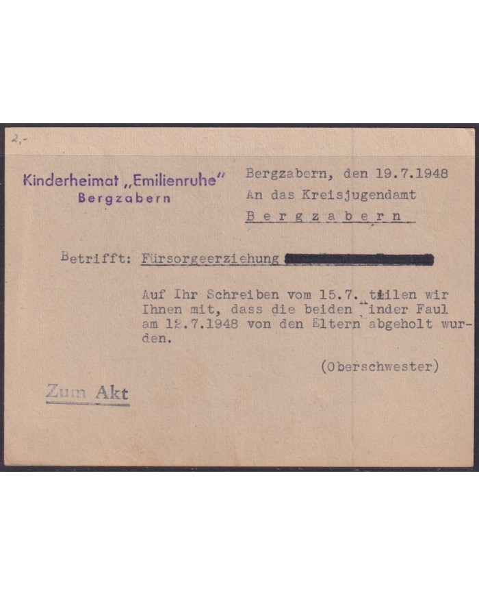 F-EX56565 GERMANY BADEN FRANCE OCCUPATION 1948 12pf BERGZABERN SPECIAL CARD.