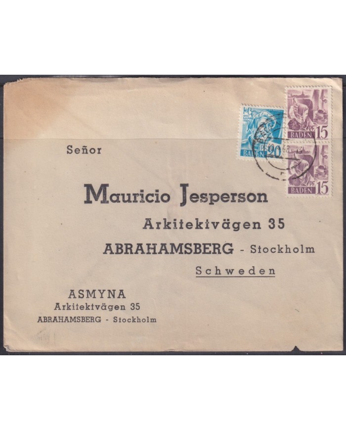 F-EX56749 GERMANY BADEN FRANCE OCCUPATION 1947 12pf HEBEL BADEN BADEN COVER.