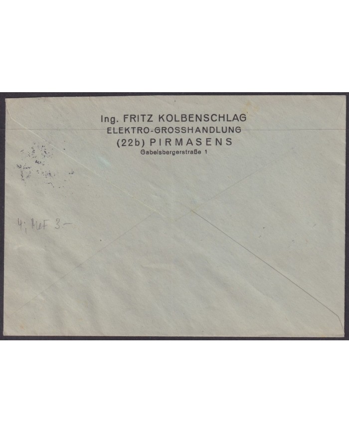 F-EX56581 GERMANY RHINE PALATINATE FRANCE OCCUPATION 1947 12pf PIRMASENS COVER.