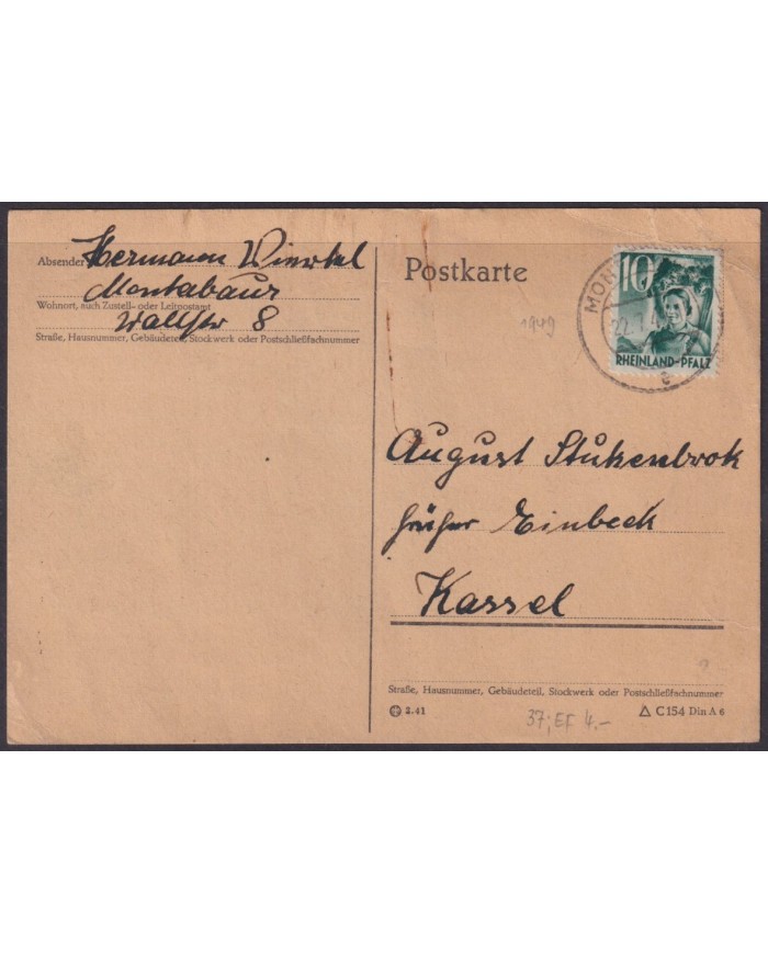 F-EX56567 GERMANY RHINE PALATINATE FRANCE OCCUPATION 1947 12pf MONBERBAUR COVER.