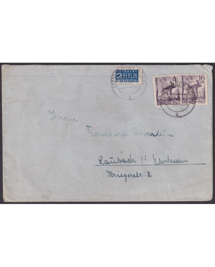 F-EX56569 GERMANY RHINE PALATINATE FRANCE OCCUPATION 1947 4+16pf HINGEN COVER.
