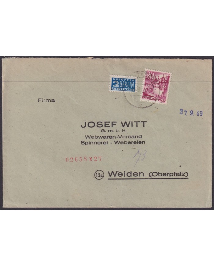 F-EX56583 GERMANY RHINE PALATINATE FRANCE OCCUPATION 1947 12pf COVER.