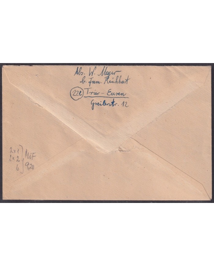 F-EX56570 GERMANY RHINE PALATINATE FRANCE OCCUPATION 1947 12pf TRIER EUREN COVER.