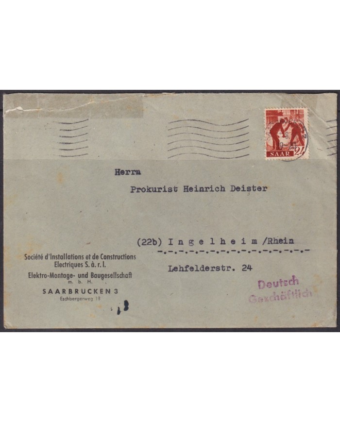 F-EX56584 GERMANY SAAR SARRE FRANCE OCCUPATION 1948 24pf METAL FOUNDRY COVER.