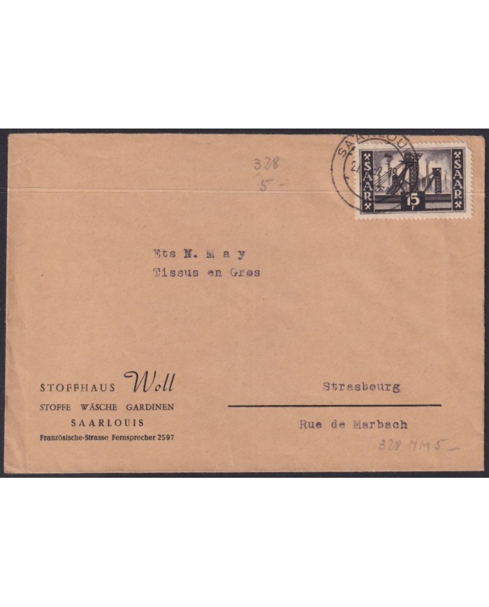 F-EX56585 GERMANY SAAR SARRE FRANCE OCCUPATION 1952 5fr METAL INDUSTRY COVER.