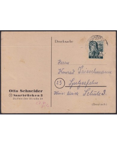 F-EX56588 GERMANY SAAR SARRE FRANCE OCCUPATION 1948 6pf WORKMAN MINING CARD.