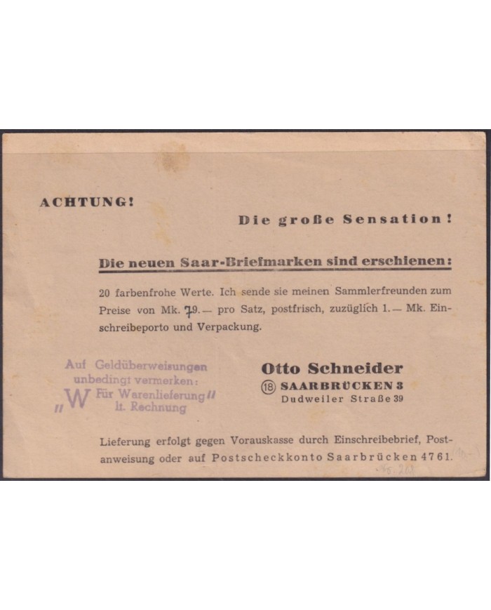 F-EX56588 GERMANY SAAR SARRE FRANCE OCCUPATION 1948 6pf WORKMAN MINING CARD.