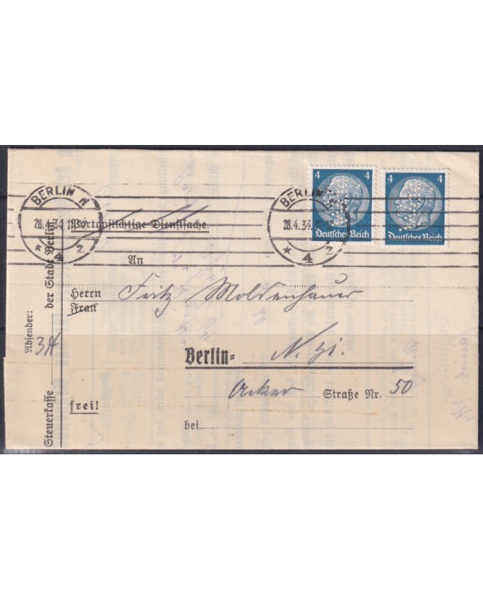 F-EX56634 GERMANY 1933-34 HINDENBURG 1934 4pf PERFORATED STAMPS BERLIN COVER.