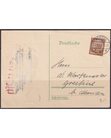 F-EX56644 GERMANY 1933-34 HINDENBURG 1935 3pf NORDEN SPECIAL CARD.