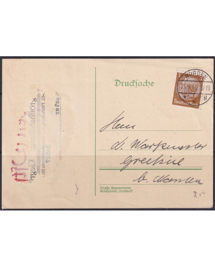 F-EX56644 GERMANY 1933-34 HINDENBURG 1935 3pf NORDEN SPECIAL CARD.