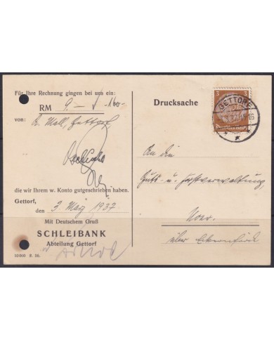 F-EX56651 GERMANY 1933-34 HINDENBURG 1937 3pf GETTORF SPECIAL CARD.