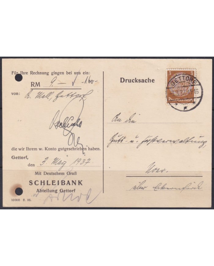 F-EX56651 GERMANY 1933-34 HINDENBURG 1937 3pf GETTORF SPECIAL CARD.