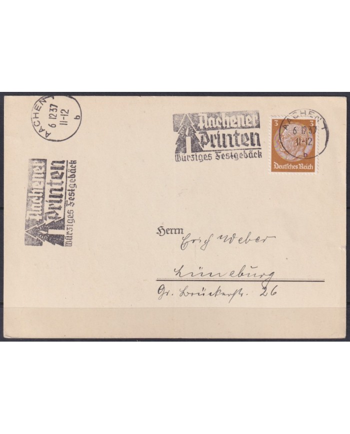F-EX56653 GERMANY 1933-34 HINDENBURG 1937 3pf AACHEN CHRISTMAS SPECIAL CANCEL COVER.