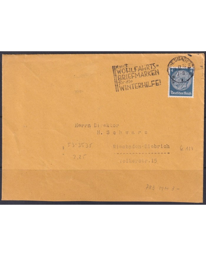 F-EX56659 GERMANY 1933-34 HINDENBURG 1934 4pf WEISBADEN WINTER STAMP SPECIAL CANCEL COVER.