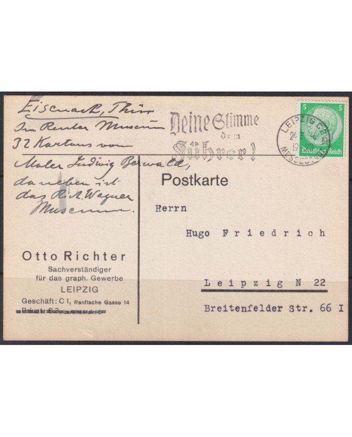 F-EX56665 GERMANY 1933-34 HINDENBURG 1936 5pf LEIPZIG VOTE TO FUHRER CANCEL SPECIAL CARD.