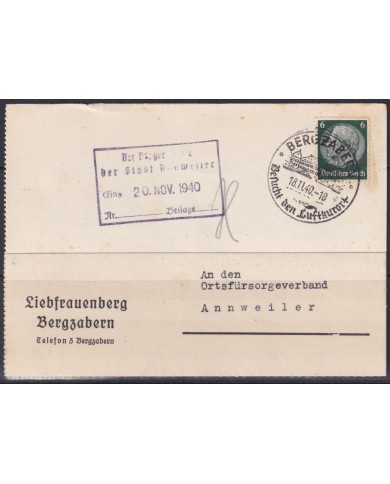 F-EX56667 GERMANY 1933-34 HINDENBURG 1940 6pf BERGZABERN BUILDING CANCEL CARD.