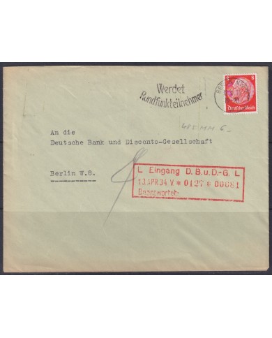 F-EX56673 GERMANY 1933-34 HINDENBURG 1937 8pf BERLIN PARTICIPANT IN THE STREAM CANCEL COVER.
