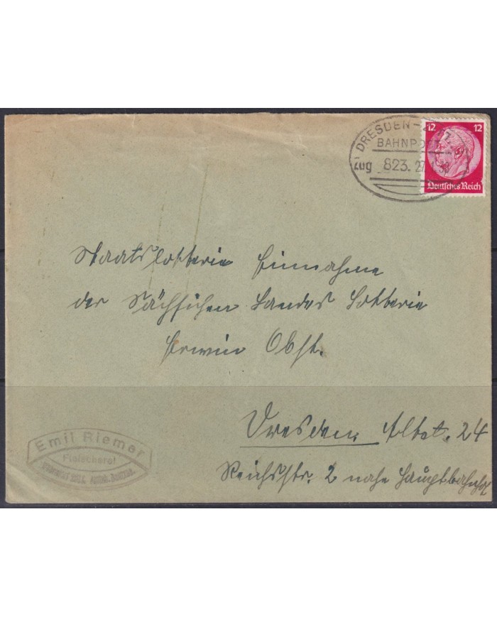 F-EX56677 GERMANY 1933-34 HINDENBURG 1938 12pf DRESDEN RAILROAD CANCEL COVER.