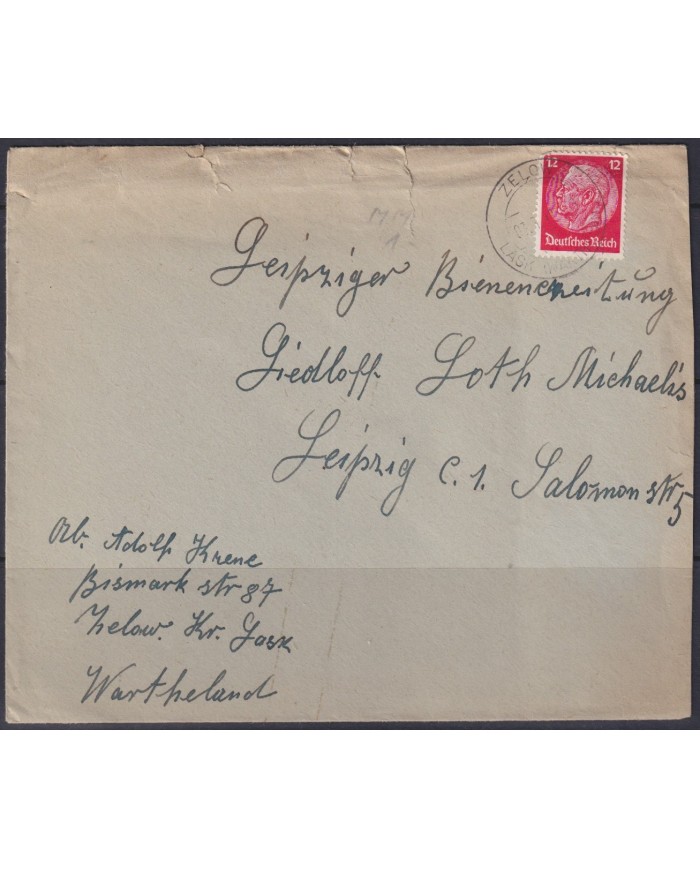 F-EX56679 GERMANY 1933-34 HINDENBURG 1942 12pf ZELOW CANCEL COVER.
