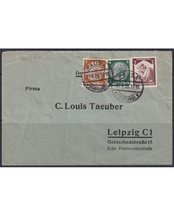 F-EX56685 GERMANY 1933-34 HINDENBURG 1942 3+6pf PAUSA CANCEL COVER.