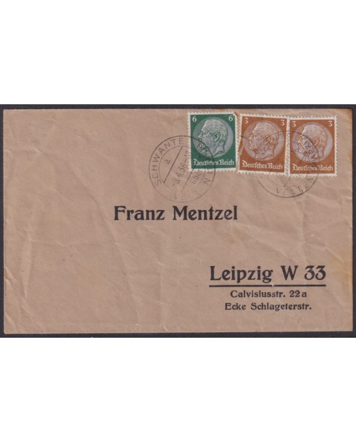 F-EX56692 GERMANY 1933-34 HINDENBURG 1936 3+6pf SCHWANTE CANCEL COVER.