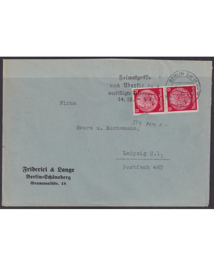 F-EX56698 GERMANY 1933-34 HINDENBURG 1937 12pf BERLIN SPECIAL CANCEL COVER.
