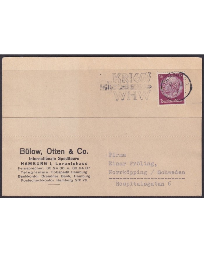 F-EX56706 GERMANY 1933-34 HINDENBURG 1940 15pf HAMBURG SWORD KRIEGS WHW CANCEL COVER.