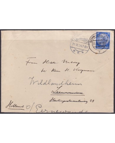 F-EX56708 GERMANY 1933-34 HINDENBURG 1934 25pf SCHMALKALDEN CANCEL TO HOLLAND.