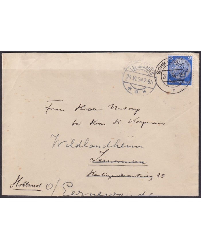 F-EX56708 GERMANY 1933-34 HINDENBURG 1934 25pf SCHMALKALDEN CANCEL TO HOLLAND.
