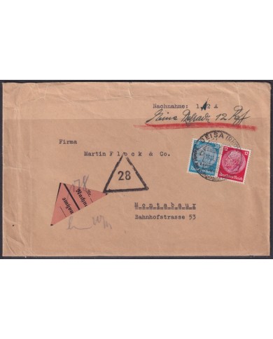 F-EX56712  GERMANY 1933-34 HINDENBURG 1934 12+20pf GEISA REFUND COVER SPECIAL CANCEL.