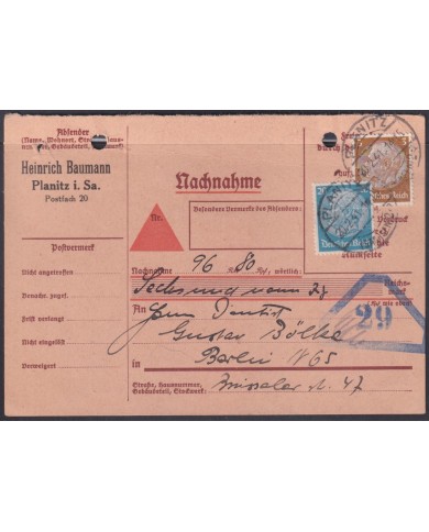 F-EX56720 GERMANY 1933-34 HINDENBURG 1941 3+20pf PLANITZ REFUND CARD NACHNAHME  CANCEL.