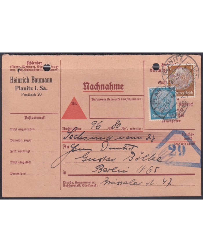 F-EX56720 GERMANY 1933-34 HINDENBURG 1941 3+20pf PLANITZ REFUND CARD NACHNAHME  CANCEL.