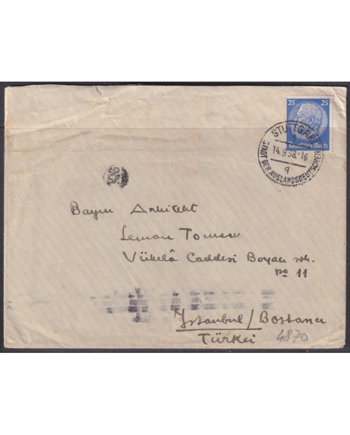 F-EX56781 GERMANY 1933-34 HINDENBURG 1938 25pf STUTTGART COVER TO ISTAMBUL TURKEY.