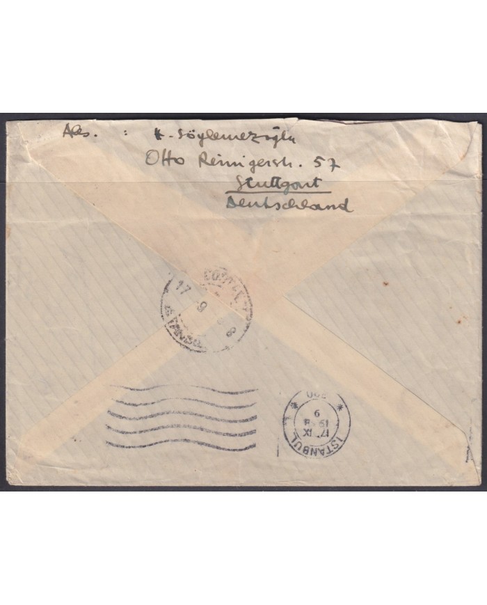 F-EX56781 GERMANY 1933-34 HINDENBURG 1938 25pf STUTTGART COVER TO ISTAMBUL TURKEY.