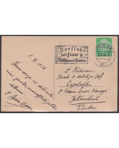 F-EX56779 GERMANY 1933-34 HINDENBURG 1938 5pf BERLIN FIRE ON VILLAGE SPECIAL CANCEL POSTCARD.